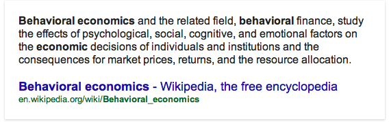 Behavioral economics definition as shown in Google